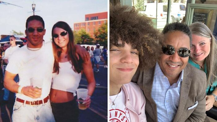 People recreating photographs from their past, showing then and now moments with two people posing together.