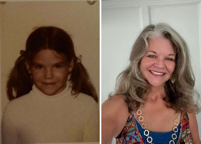 Recreation of past photo: girl with pigtails on left, smiling woman on right in colorful top, demonstrates time change.