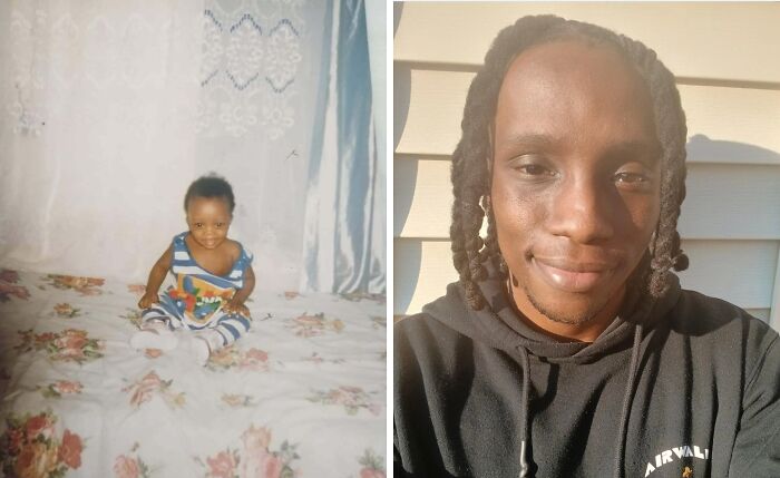 Person recreating a childhood photo; sitting on floral bedspread, then posing outside, showing past and present.