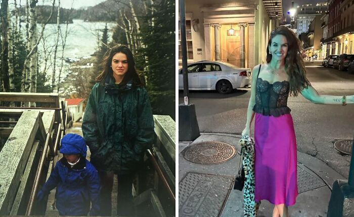 Woman recreates past photograph with child in forest and modern city street, highlighting then and now transformation.