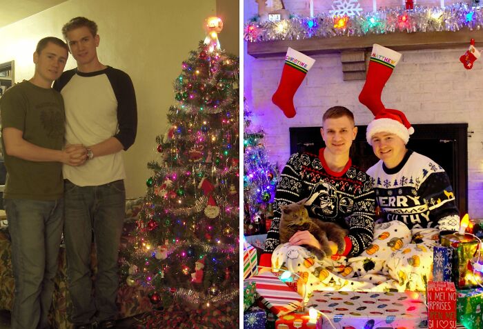 Recreating photographs past: two men by a Christmas tree, then and now, in festive sweaters with a cat.