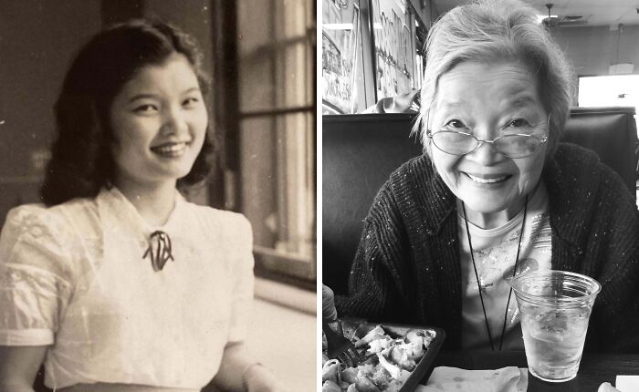 Woman recreating a past photograph side by side; smiling in both, wearing a white blouse and cardigan, with a meal in front.