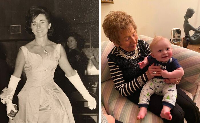 Woman in 1960s dress on the left; holding a smiling baby in modern setting on the right, showcasing a past recreation.
