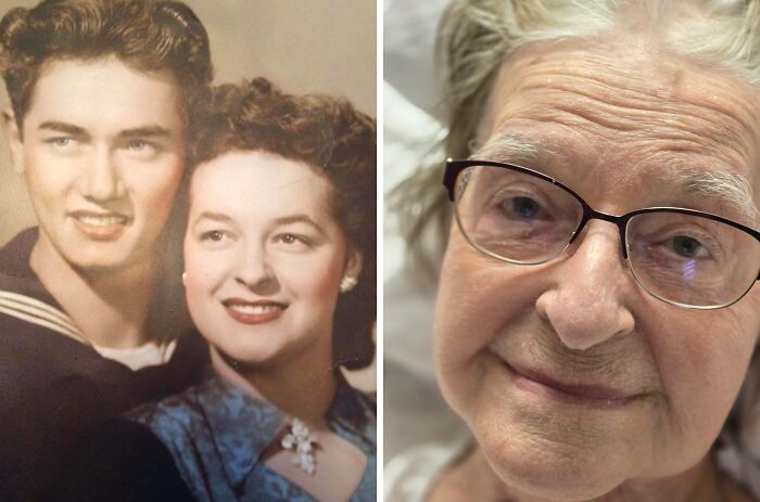 Elderly woman recreates photograph from her past with similar pose, showcasing a passage of time and nostalgia.