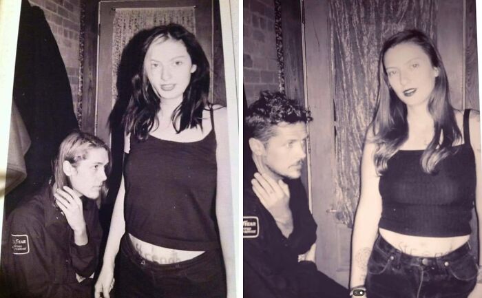 People recreating a past photo, both in black and white, showing two individuals standing and sitting in similar poses.