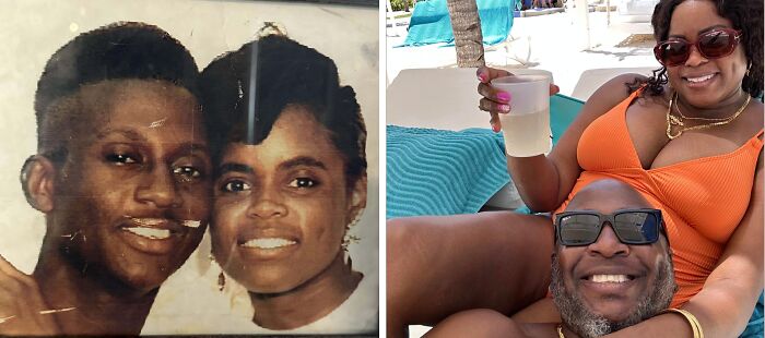 Pair recreating a past photo, smiling together; then in the past, now by the pool in swimsuits, holding a drink.