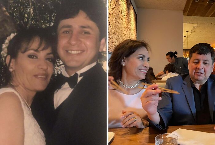 Couple recreating a past wedding photo in a restaurant; she holds chopsticks, both smiling, echoing their youthful pose.