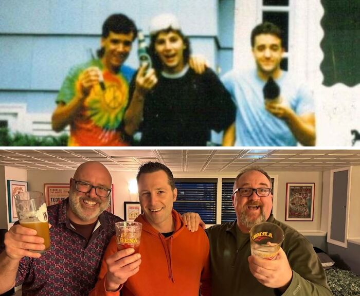 People recreating photographs from their past, holding drinks and smiling for a now-and-then comparison.