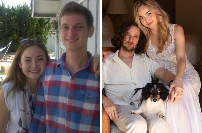 People recreating a past photograph; first image shows a young couple, second shows them older with a dog, highlighting changes.