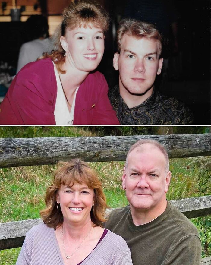 A couple recreating a past photo. Then and now, showing their similar poses with years apart, against different backdrops.