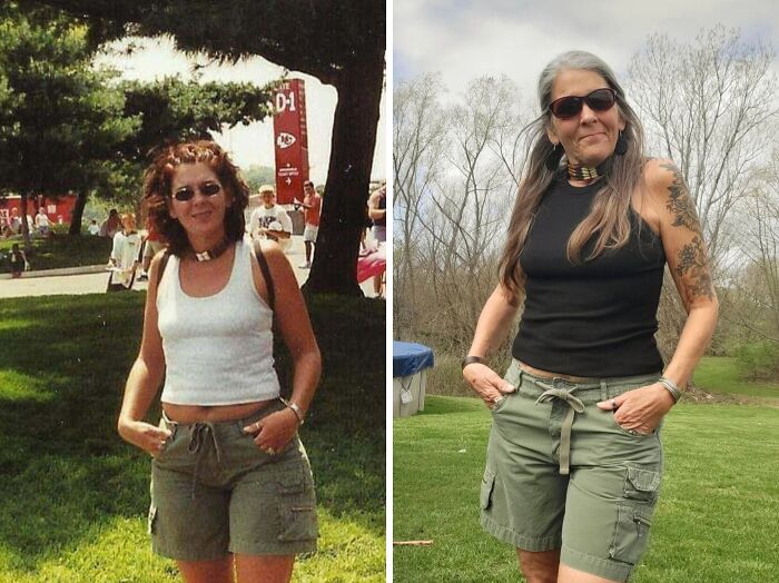 Person recreating past photograph, wearing similar shorts and top outdoors.