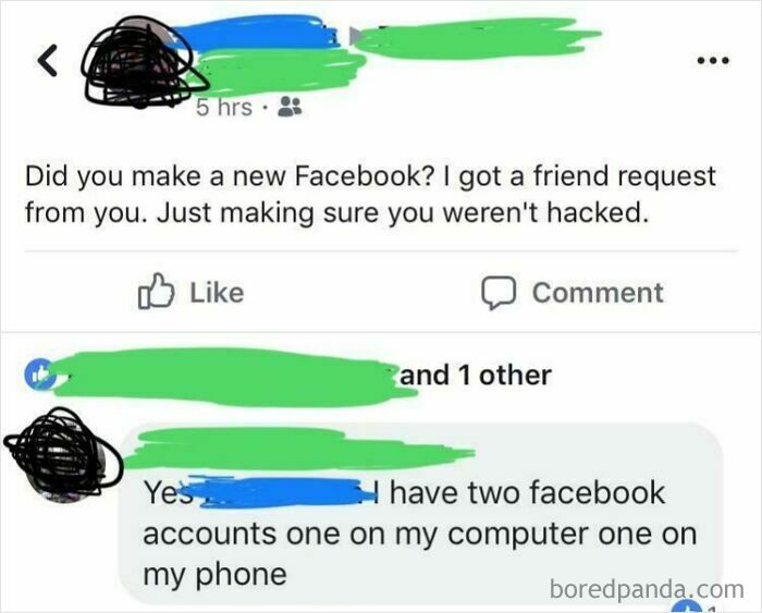 Boomers social media misunderstanding with two Facebook accounts mentioned in a Facebook comment exchange.