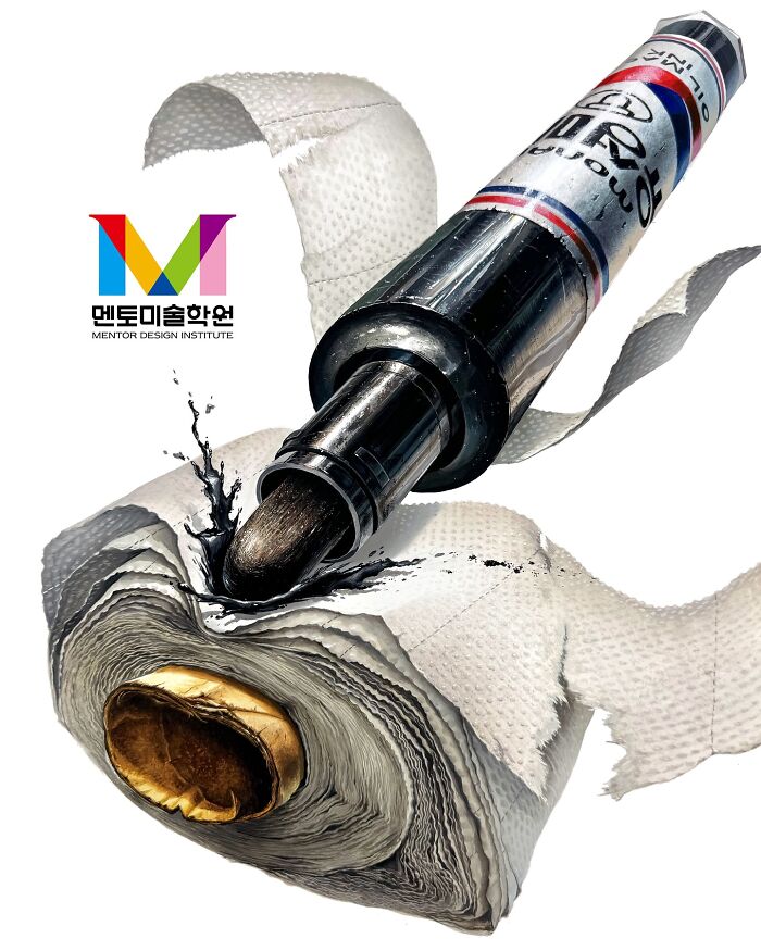 Hyperrealistic painting of a marker pen on a paper towel roll, showcasing intricate details and texture.
