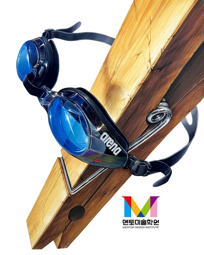 Hyperrealistic painting of swimming goggles on a wooden plank with a colorful logo in the corner.