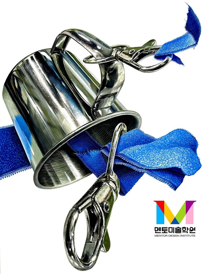 Hyperrealistic painting of a shiny metal cup with blue fabric and clips, showcasing transformation of everyday objects.