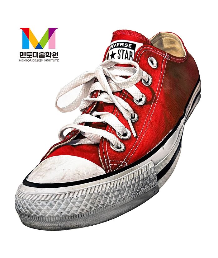 Red sneaker hyperrealistic painting by an artist, with intricate details including laces and texture.