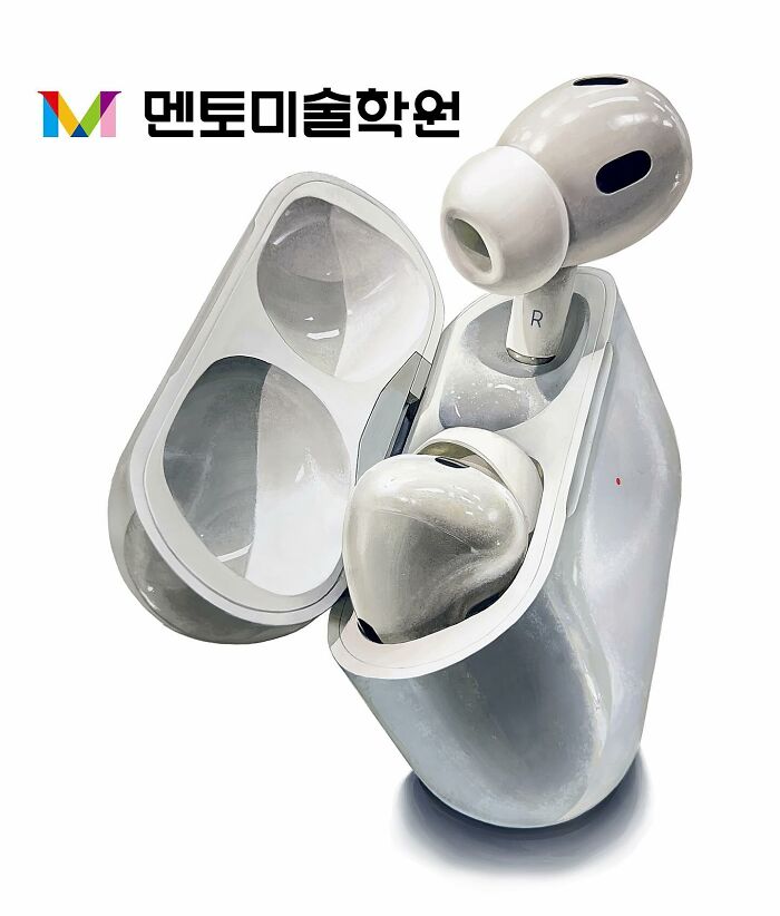 Hyperrealistic painting of wireless earbuds, showcasing artist's skill in transforming everyday objects into stunning art.