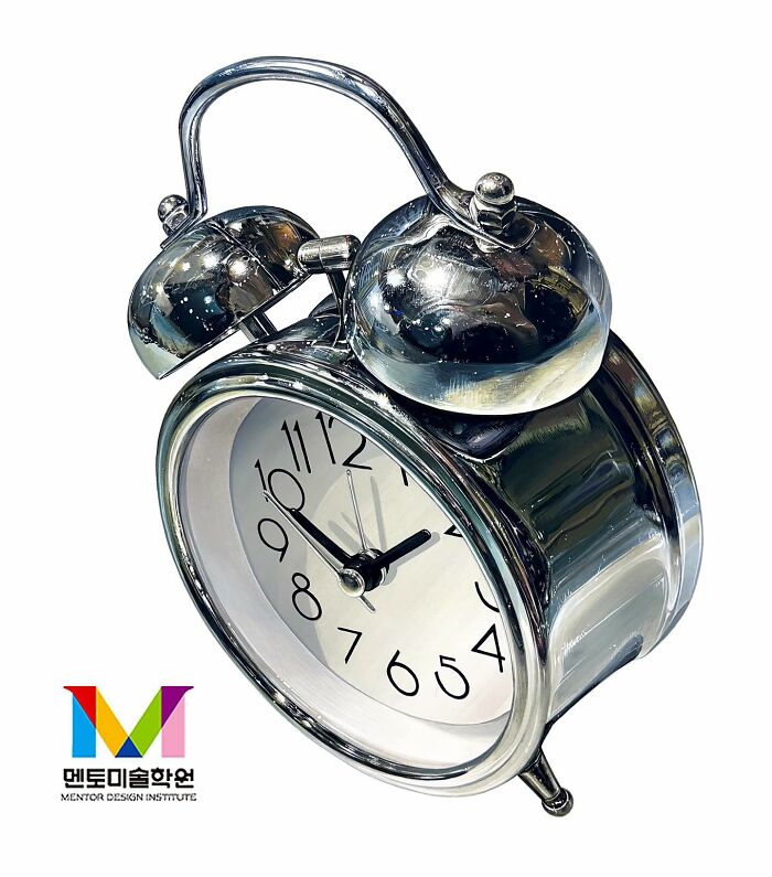 Hyperrealistic painting of a chrome alarm clock, showcasing an artist's transformation of everyday objects.