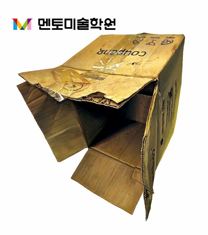 Hyperrealistic painting of a worn cardboard box, showcasing artistic transformation of everyday objects.