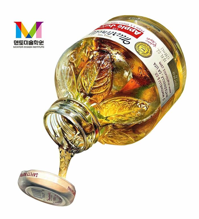 Hyperrealistic painting of a jar with a golden liquid pouring out, showcasing everyday objects in art.