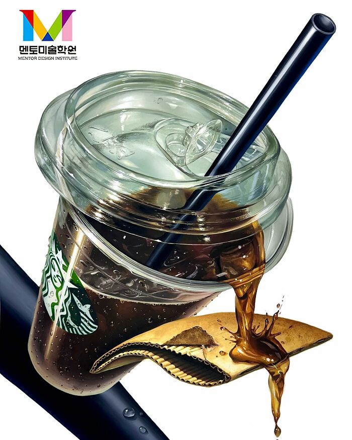Hyperrealistic painting of a coffee cup with straw, creating a stunning visual of everyday objects.