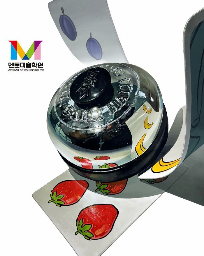 Hyperrealistic painting of a shiny bell surrounded by strawberries and bananas on a reflective surface.