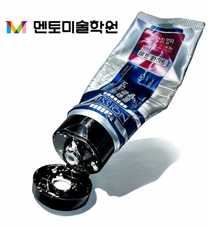 Hyperrealistic painting of a squeezed toothpaste tube with visible white paste, showcasing everyday object transformation.