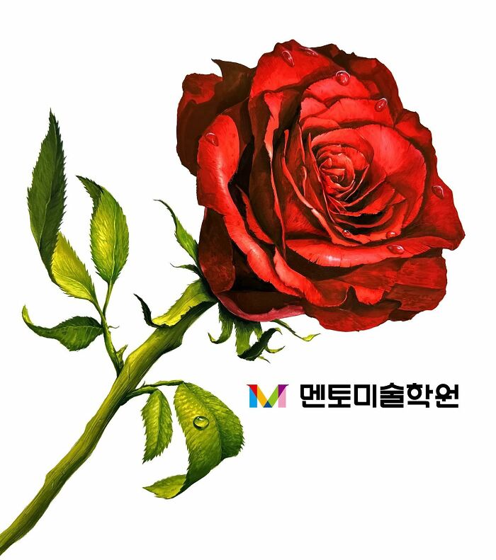 Hyperrealistic painting of a red rose with water droplets, set against a white background with Korean text.