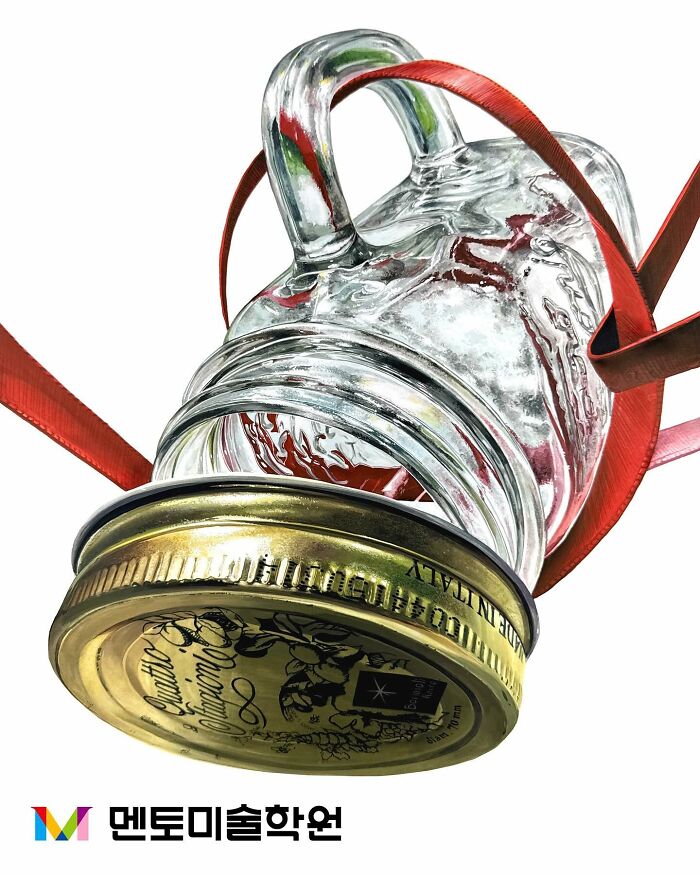Hyperrealistic painting of a glass jar with a red ribbon and gold lid.