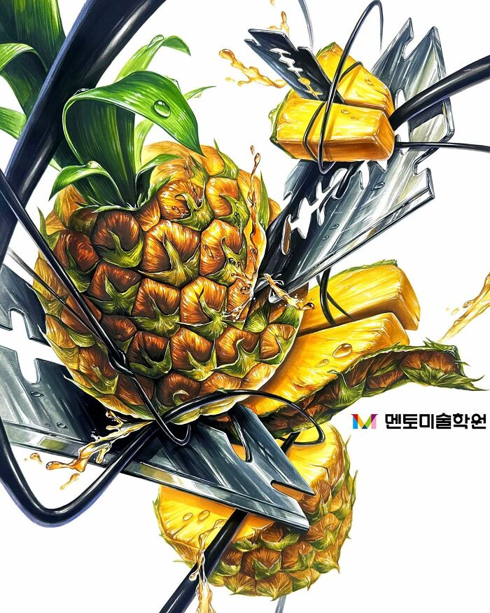 Hyperrealistic painting of a pineapple with sharp blades and splashes, transforming everyday object into art.