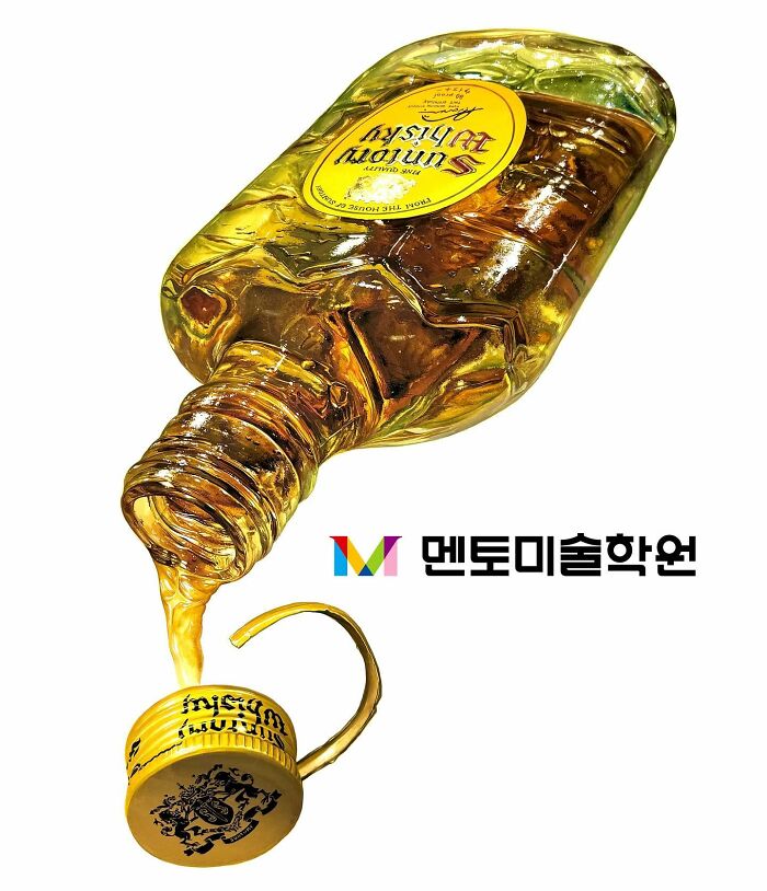 Hyperrealistic painting of a whiskey bottle pouring liquid with detailed label and cap.