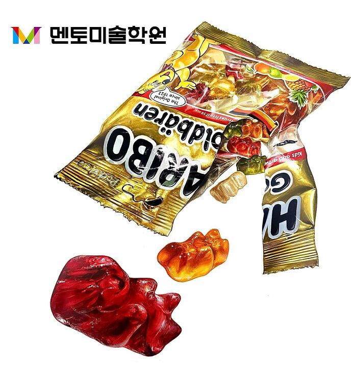 Hyperrealistic painting of gummy bears and their packaging against a white background.
