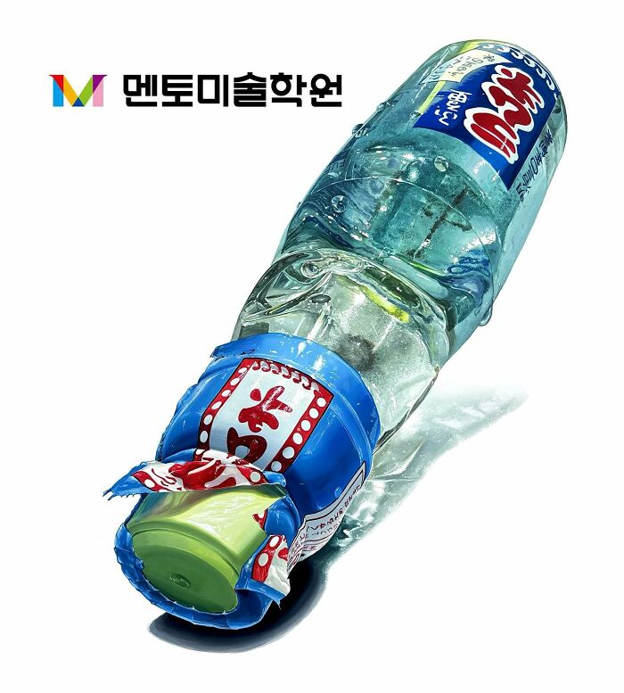 Hyperrealistic painting of a glass bottle with blue and red packaging, showcasing artistic transformation of everyday objects.