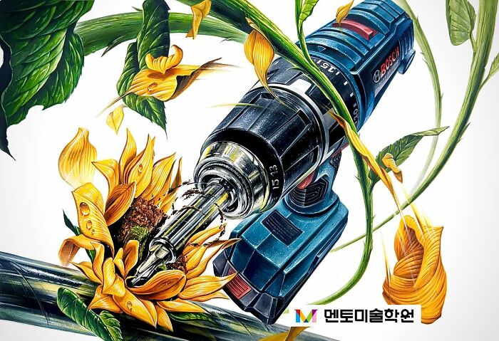 Hyperrealistic painting of a power drill intertwined with vibrant yellow flowers and green leaves.