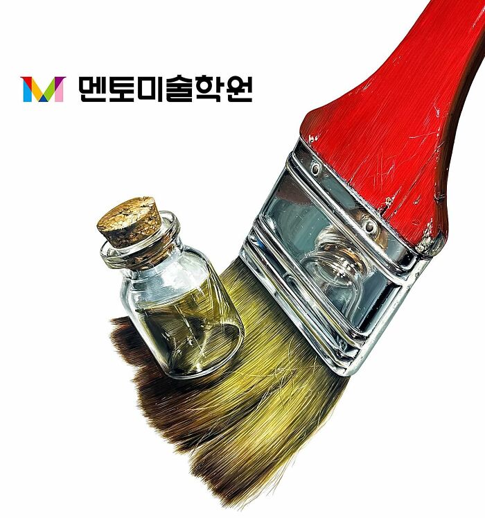 Hyperrealistic painting of a red paintbrush and a small glass jar with a cork stopper.