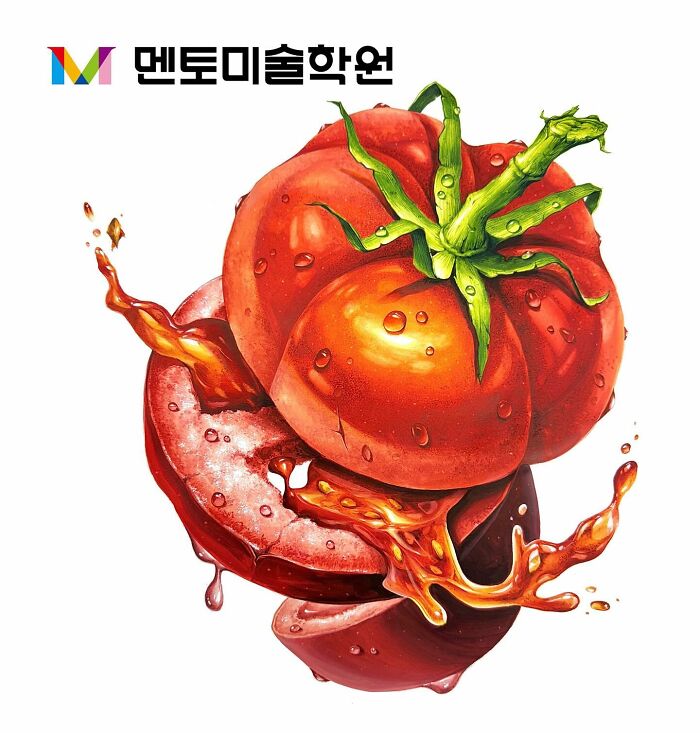 Hyperrealistic painting of a sliced tomato with splashes, showcasing vibrant colors and intricate details.