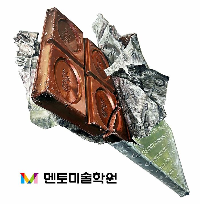 Hyperrealistic painting of a partially unwrapped chocolate bar, showcasing intricate details and textures.
