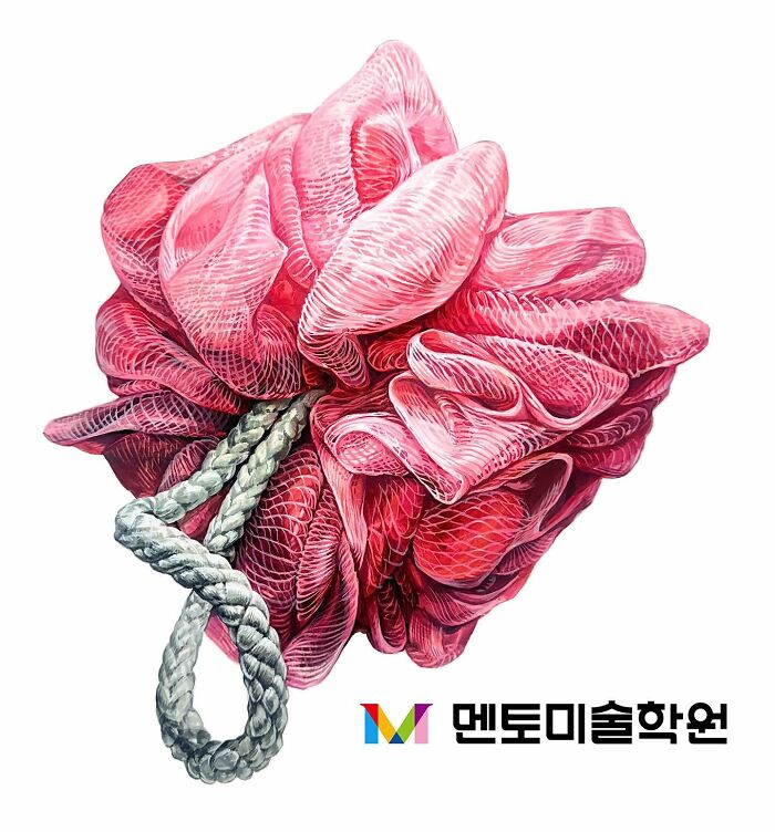 Hyperrealistic painting of a pink bath sponge with detailed textures against a white background.