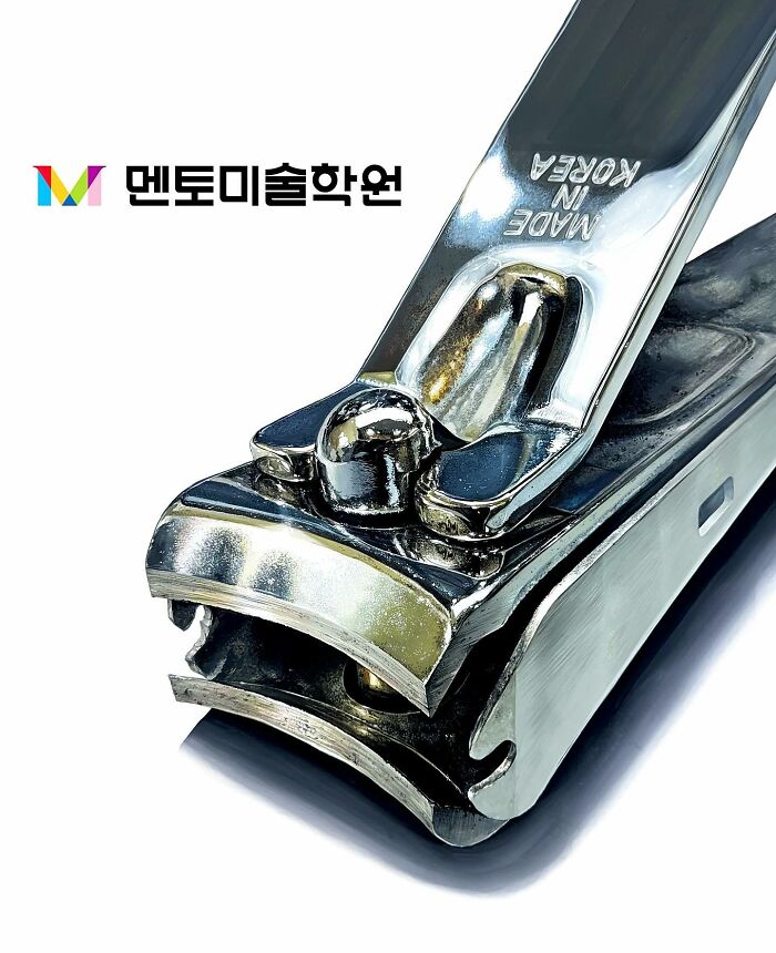 Hyperrealistic painting of a nail clipper with reflective metallic details.