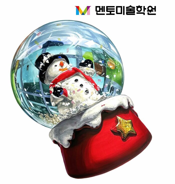 Hyperrealistic painting of a snow globe with a snowman, featuring vivid colors and intricate details.
