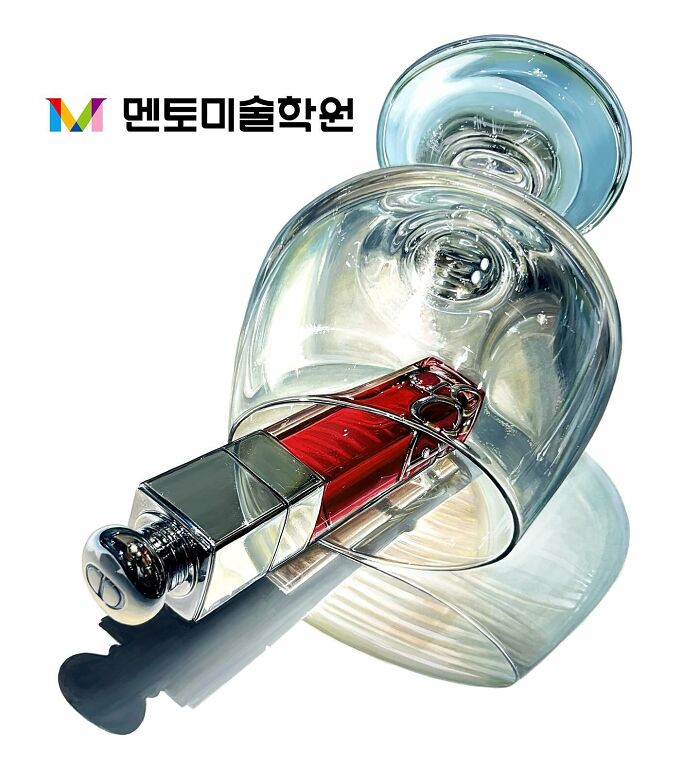 Hyperrealistic painting of a lipstick inside a glass, showcasing everyday object transformation.