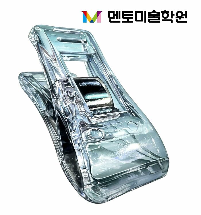 Hyperrealistic painting of a transparent tape dispenser with reflections and shadows, showcasing stunning detail.