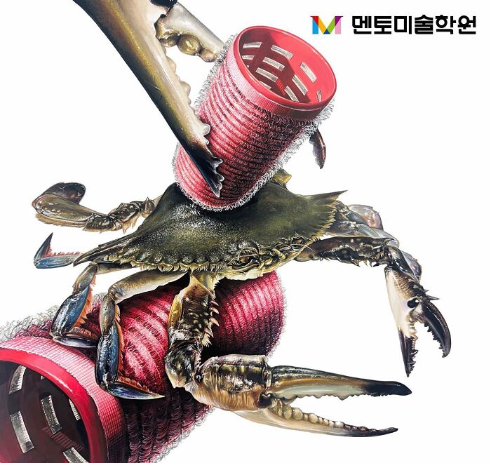 Hyperrealistic painting of a crab intertwined with red hair curlers, showcasing an artistic transformation of everyday objects.