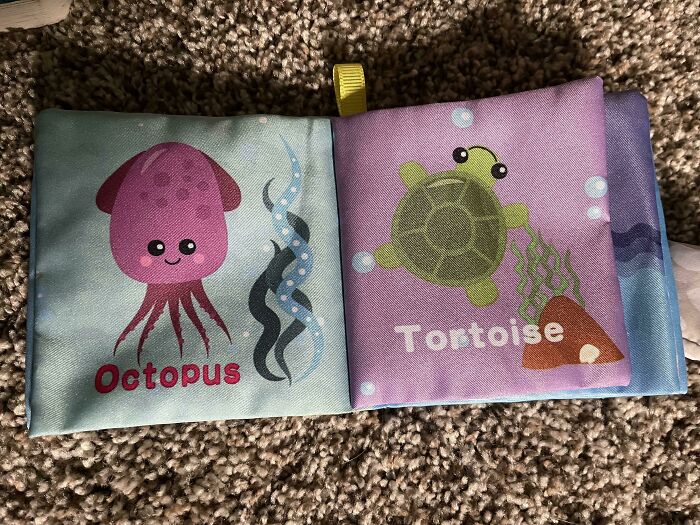 Children's book with colorful octopus and tortoise illustrations, highlighting poorly written design.