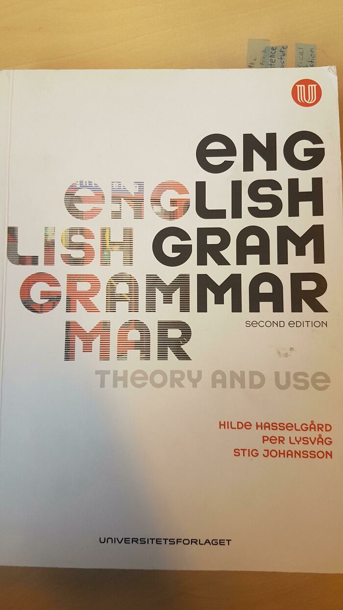 Poorly written-designed book titled "English Grammar Theory and Use" with multicolored text on the cover.