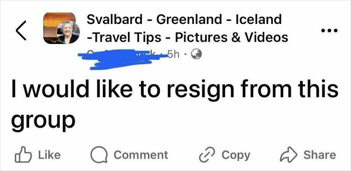 Boomers social media post with user wanting to resign from a travel tips group, receiving 64 laughing reactions.