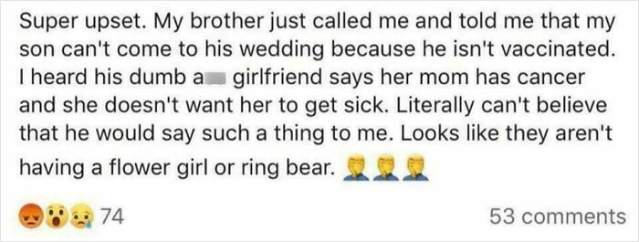 A social media post complaining about family drama with wedding guests and vaccination requirements.