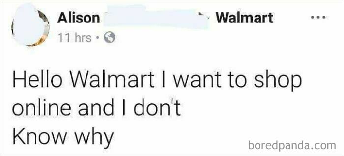 A boomer social media fail with user confused about online shopping at Walmart.