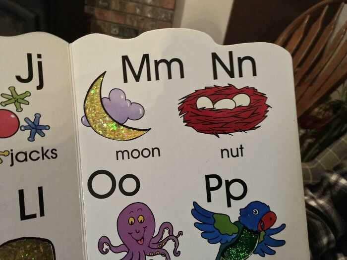 Alphabet book with design errors; "Nut" illustrated with a nest and eggs under "Nn."
