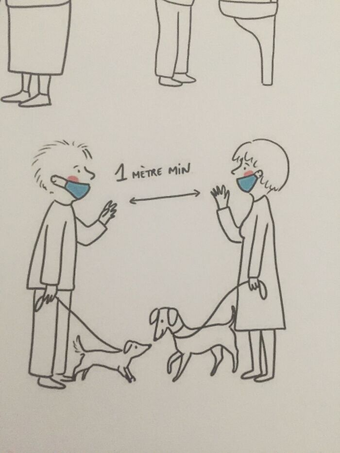 Illustration of people with masks maintaining distance, a depiction from poorly-written-designed-books.